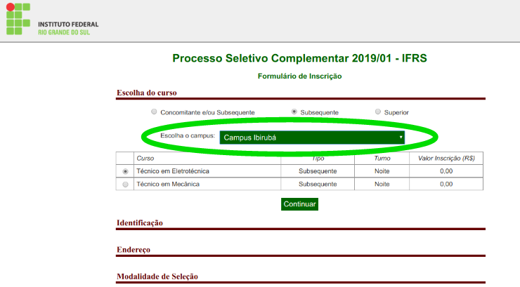 Processo Seletivo Eletrotécnica inscrição campus